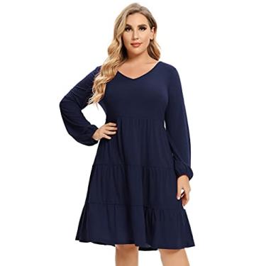Imagem de ShopWonder Vestido feminino plus size de outono manga longa decote em V plissado vestido casual em camadas evasê vestidos midi de cintura alta, Azul marinho, 3G