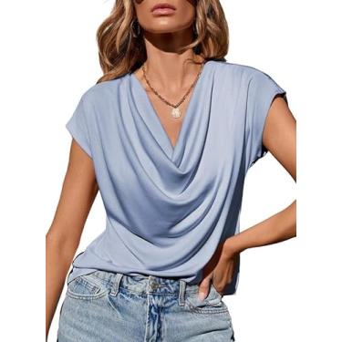 Imagem de EVALESS Camisas femininas fashion 2024 gola drapeada para mulheres elegantes roupas casuais de manga curta roupas de verão, Azul Beau, M