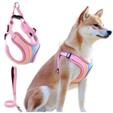 Imagem de Arnês para cães sem puxão, conjunto de coleira para todos os climas, malha acolchoada macia, refletiva, formato X, ajustável, peitoral para cães pequenos e médios, gato grande, P, rosa