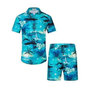 Imagem de EISHOPEER Conjunto de camisetas e shorts havaianos masculinos, 2 peças, roupa de praia com estampa de flores, estampa floral, verde, grande, Verde surfe, Large