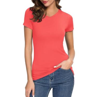 Imagem de Urban CoCo Camiseta feminina básica, justa, justa, manga curta, elástica, colado ao corpo, gola V justa, Coral, M