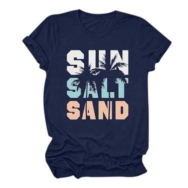 Imagem de MaMiDay Camiseta feminina de verão com estampa divertida de sol, areia e sal e areia, gola redonda, manga curta, caimento solto, Azul marino, GG