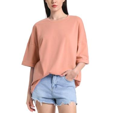 Imagem de ZANZEA Camisetas femininas grandes com manga curta enrolada e gola redonda para o verão, casual, com ombro caído, camisetas básicas soltas, Coral Pinkk, XXG