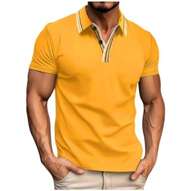 Imagem de Blusas masculinas masculinas lisas coloridas manga curta gola tartaruga outono verão 2024, T-214 Amarelo Mostarda, XG