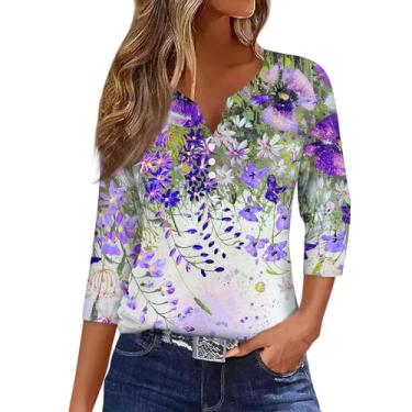 Imagem de Camiseta feminina manga 3/4 Henley blusas estampadas florais soltas camiseta casual túnica verão camisas elegantes, Roxa, 3G