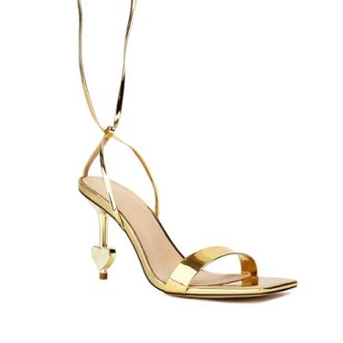 Imagem de Feinlina Sandálias femininas quadradas de bico aberto com tiras únicas, 10 cm, douradas, cadarço, salto agulha e salto agulha para casamento, noiva, festa, dama, Dourado, 39