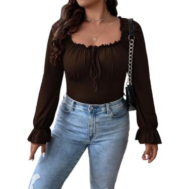 Imagem de SHENHE Camiseta feminina plus size gola redonda com babados na frente e manga comprida, Marrom chocolate, 3G Plus Size