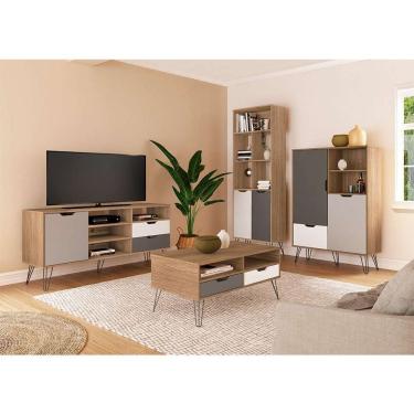 Imagem de conjunto de sala de estar estocolmo com rack 1 pt 2 gv, adega 2 pt 1 gv, mesa de centro 2 gv e estante 2 pt carvalho e cinza