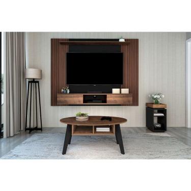 Imagem de conjunto de sala de estar nevada com painel para tv até 75 polegadas, mesa lateral e mesa de centro amadeirado, preto e grafite