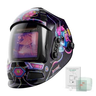 Imagem de Accoral Capacete de soldagem com lentes hemisféricas grandes de 10 cm x 9,3 cm, máscara de capô de solda com escurecimento automático de cor verdadeira, 4 sensores de arco de sombra ampla para TIG,