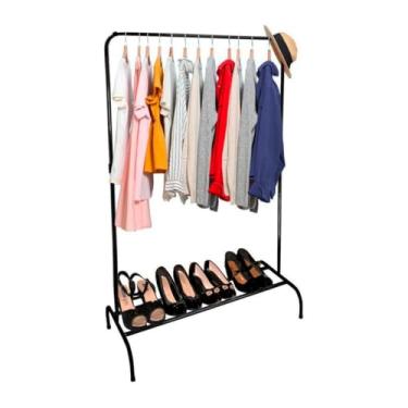 Imagem de Arara de Roupas com Sapateira Cabideiro Organizador Sapatos Compacto Closet Móvel De Chão (Preto)