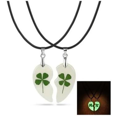 Imagem de Colar Amizade Trevo 4 Folhas Brilha Escuro Coração Sorte Par masculino