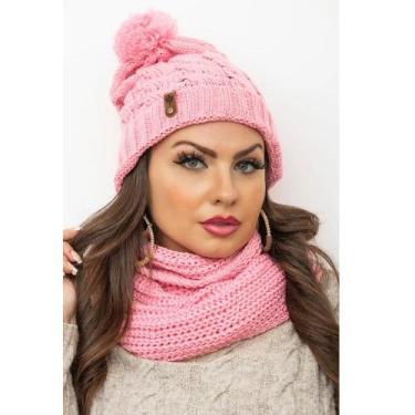 Imagem de Conjunto Kit Touca Pompom E Cachecol Liso Gola Infinita De Lã Tricot E
