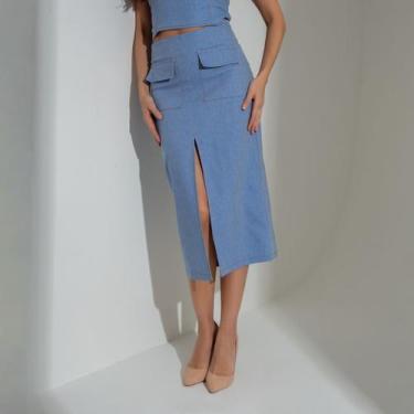 Imagem de Saia susie midi com bolsos jeans  - Susie Modas, G, Azul