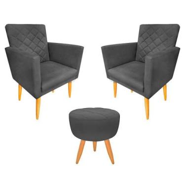 Imagem de Kit 02 Poltronas Decorativa+Puff Maitê Suede Grafite leitura - 2M Deco