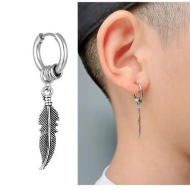 Imagem de par de brinco bts argola pena aço inox prata moderno estilo bolinha co