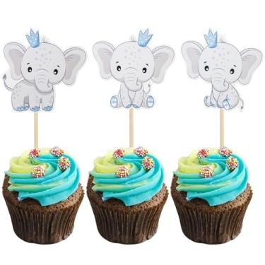 Imagem de Gyufise 36 peças de enfeite de cupcake de elefante azul It's a Boy palitos de cupcake de chá de bebê para tema elefante revelação de gênero chá de bebê crianças meninos decoração de bolo de festa de aniversário