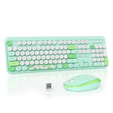Imagem de Mosptnspg Teclado colorido de 2,4 G, 104 teclas verdes personalizadas de membrana sem fio, teclas redondas, máquina de escrever retrô, teclado de escritório para PC/Mac/laptop/tablet/computador