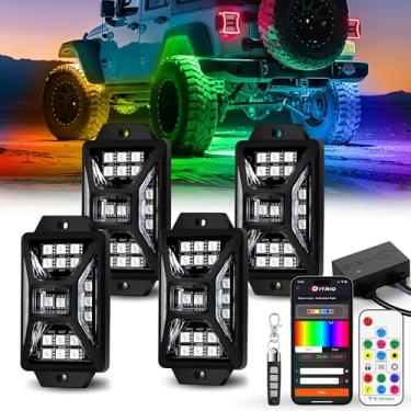Imagem de 4 pods luzes de rock RGB de cinco lados para caminhões Jeep UTV SUV ATV carrinho de golfe, aplicativo de várias cores de perseguição/controle remoto, luzes de rock LED com modo de música, kits de