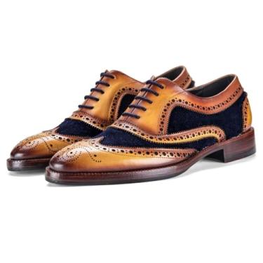 Imagem de Lethato Sapato social masculino Wingtip Brogue Oxford feito à mão em couro legítimo com cadarço, Camurça azul-marinho, 7.5-8