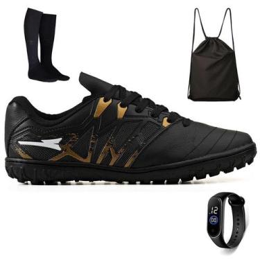 Imagem de Kit Chuteira Futebol Society Bico de Couro + Mochila + Meião e Relogio