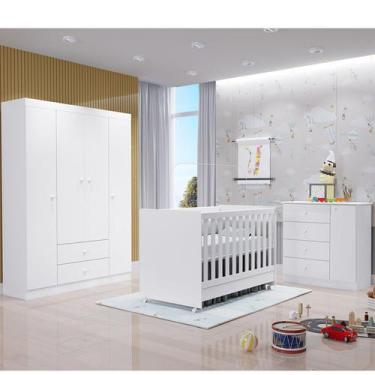 Imagem de Quarto de Bebê com Guarda Roupa 4 Portas, Cômoda Ana e Berço Americano