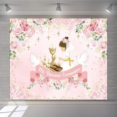 Imagem de Pano de fundo Mi Primera Comunion Batismo 3 x 2 m Mi Bautizo My First Holy Communion cenário de fotografia flor rosa floral meninas chá de bebê decoração de fundo festa de batizado banner adereços de