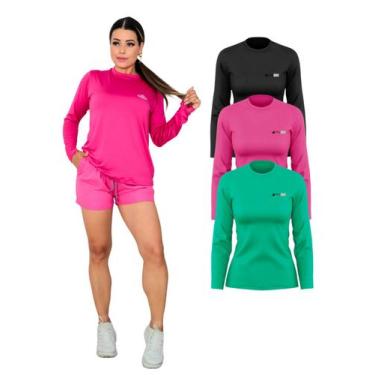 Imagem de Kit Com 3 Camisetas Lisa Manga Longa Proteção UV Feminina - Sunset, XG