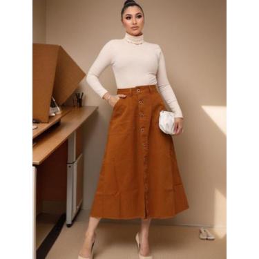 Imagem de Saia Jeans Evangélica Feminina Longa Caramelo Com Botões e Bolsos Jean