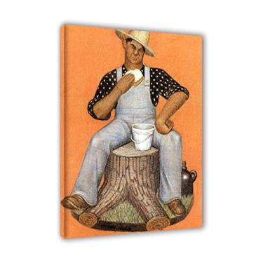 Imagem de Grant Wood Prints-Famous Paintings-Framed Ready to hang wall art - Reprodução em tela - 'Hired Man'-Print on Canvas Wall Art Pictures for Living Room Decor 80x120cm (31x47in) Emoldurado