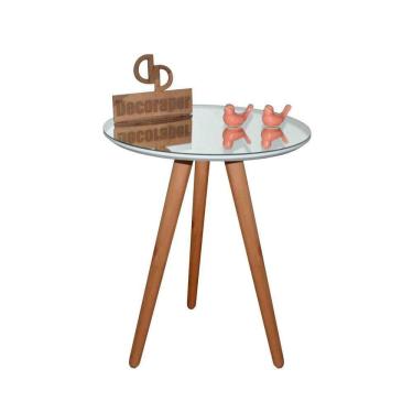 Imagem de Mesa De Canto Pés Palito Amadeirado Com Espelho 60cm Branco 70cm