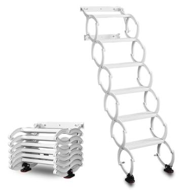 Imagem de Escada dobrável montada na parede de 6 degraus, escadas dobráveis retráteis, escadas de acampamento portátil, sistema de puxar escada no sótão, para trailer, armazém (branco, 6 degraus)