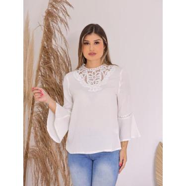 Imagem de Blusa Crepe Feminina Manga Longa 3/4 com Gola Rendada e Manga Sino Cas