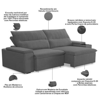 Imagem de Sofá Retrátil Reclinável Para Sala 3 Lugares 205cm Ricci F04 Veludo Cinza Escuro - Lyam Decor