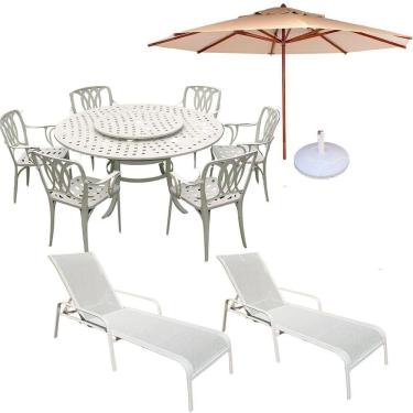 Imagem de Conjunto De Jardim Mesa Giratória 6 Cadeiras, Ombrelone E Espreguiçadeira Piscina Bege