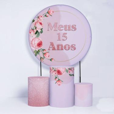 Imagem de Kit Painel de Festa Redondo de 1,30m e Trio de Cilindros 15 Anos- Fera Print