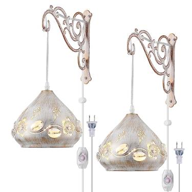 Imagem de KAMTAT-ZS Conjunto De Duas Arandelas De Parede Estilo Boho, Plug-In, Para Quartos, Luzes Rústicas Brancas De Parede Para Cabeceira, Sala De Estar Com Interruptor Liga/Desliga De 2,4 M Com Cabo Regu