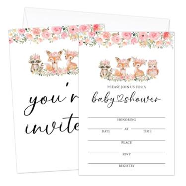 Imagem de AWDSTN Convites de chá de bebê de animais de flor rosa com envelopes, conjunto de 25 cartões de convite de preenchimento de chá de bebê, decorações e suprimentos de festa de revelação de gênero -09