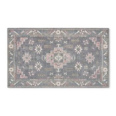 Imagem de Town & Country Luxe Livie Forever Vintage Everwash™ Tapete decorativo multiuso lavável, tapete de cozinha, tapete de porta de perfil baixo, tapete de quarto e tapete de dormitório com suporte antiderrapante, cinza/rosa rosa, 61 x 101 cm