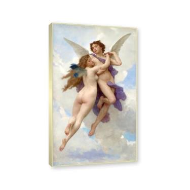 Imagem de NHLDZYH Moldura dourada champanhe. Impressões de arte William Adolphe Bouguereau - Pintura de retrato - (amor e psiquia) - Pôster temático de mitologia grega - Pôster de decoração de parede vintage