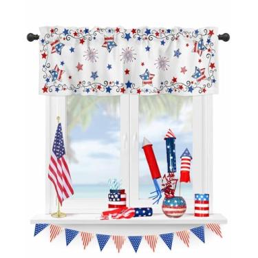 Imagem de Cortinas de cozinha de 4 de julho, sanefas patrióticas, fogos de artifício, Dia da Independência, para cozinha, sala de estar, quarto, banheiro, 137 x 45 cm, bandeira americana azul vermelha