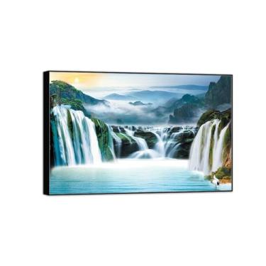 Imagem de MUHJDYC Paisagem quadros arte mural - lago cascata montanha - natureza impressões em tela - moldura preta imagem decoração sala de estar modernos 120 x 80 cm