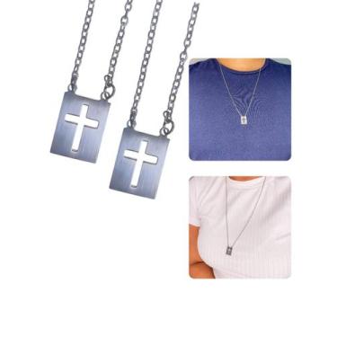 Imagem de Colar Cordão Escapulário 60cm Masculino Feminino Prata Cruz Vazada Aço