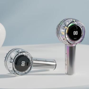 Imagem de Ventilador portátil portátil, design bonito totalmente transparente, ventilador de mão pessoal com visor LED 5 velocidades de vento luz noturna colorida, ventilador USB para viagem, praia, acampamento