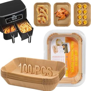 Imagem de Forros de fritadeira de ar descartáveis, 100 peças de almofadas retangulares de papel manteiga, 19,8 x 13 cm, forros de papel, cesta de airfryer para fritar, assar, cozinhar, assar e micro-ondas