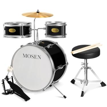 Imagem de Conjunto de bateria infantil MOSEN 3 peças para iniciantes kit de bateria júnior com trono ajustável, prato, pedal e baquetas com bateria de baixo tom - preto