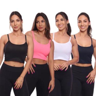 Imagem de Kit 4 Top Cropped Alcinha Canelado Feminino Lisa Básica - Brás e Cia, 