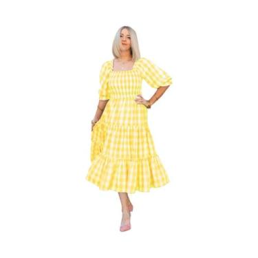 Imagem de Vestido Longo Xadrez Amarelo Para Mulheres Elegante Estilo Praia Vesti