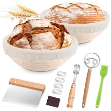 Imagem de Roloxye Conjunto De Cestos Para Fermentação Banneton, Utensílios Assar Pão Natural, Redondo 23 Cm Com Forro Linho, Raspador Massa, Batedor Dinamarquês, Pincel Untar