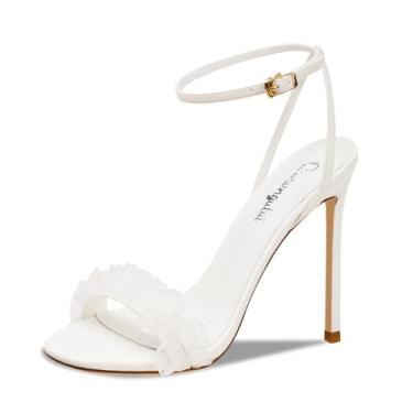 Imagem de Qunvngutui Sandálias femininas de salto alto de 9 cm, bico aberto, tiras com detalhe de flor de renda - Sapatos sociais de verão com salto agulha para casamento/festa, Branco, 36
